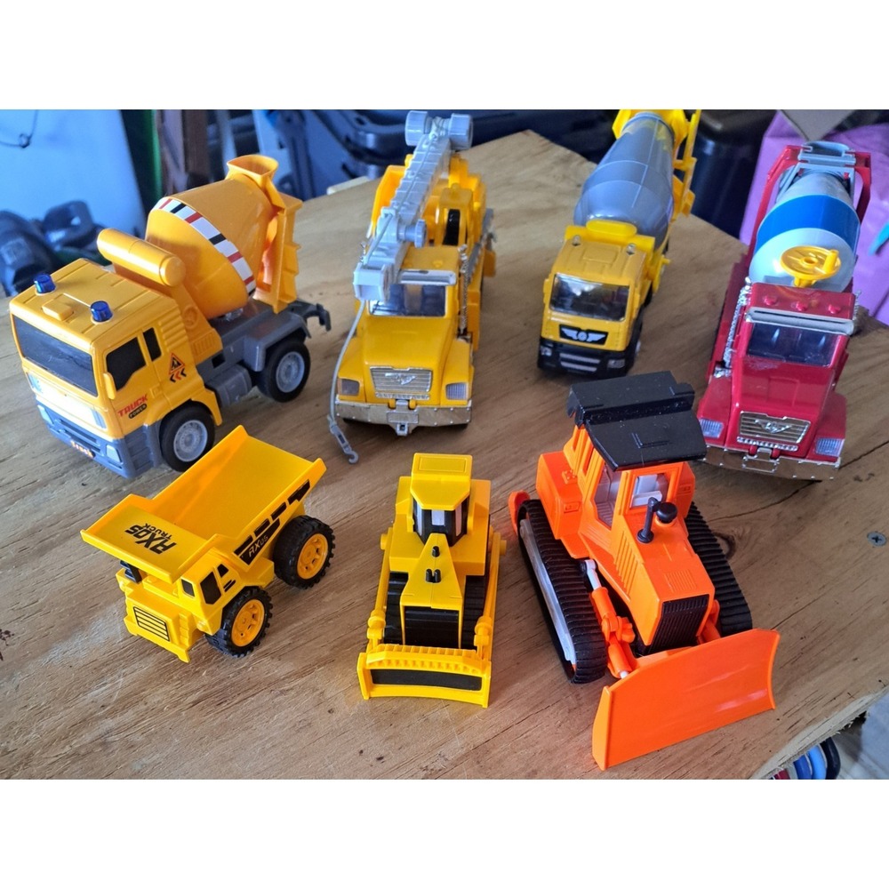 7pc Construction Truck Toy Lot Lights & Sounds Cement Mixer Crane Dozer